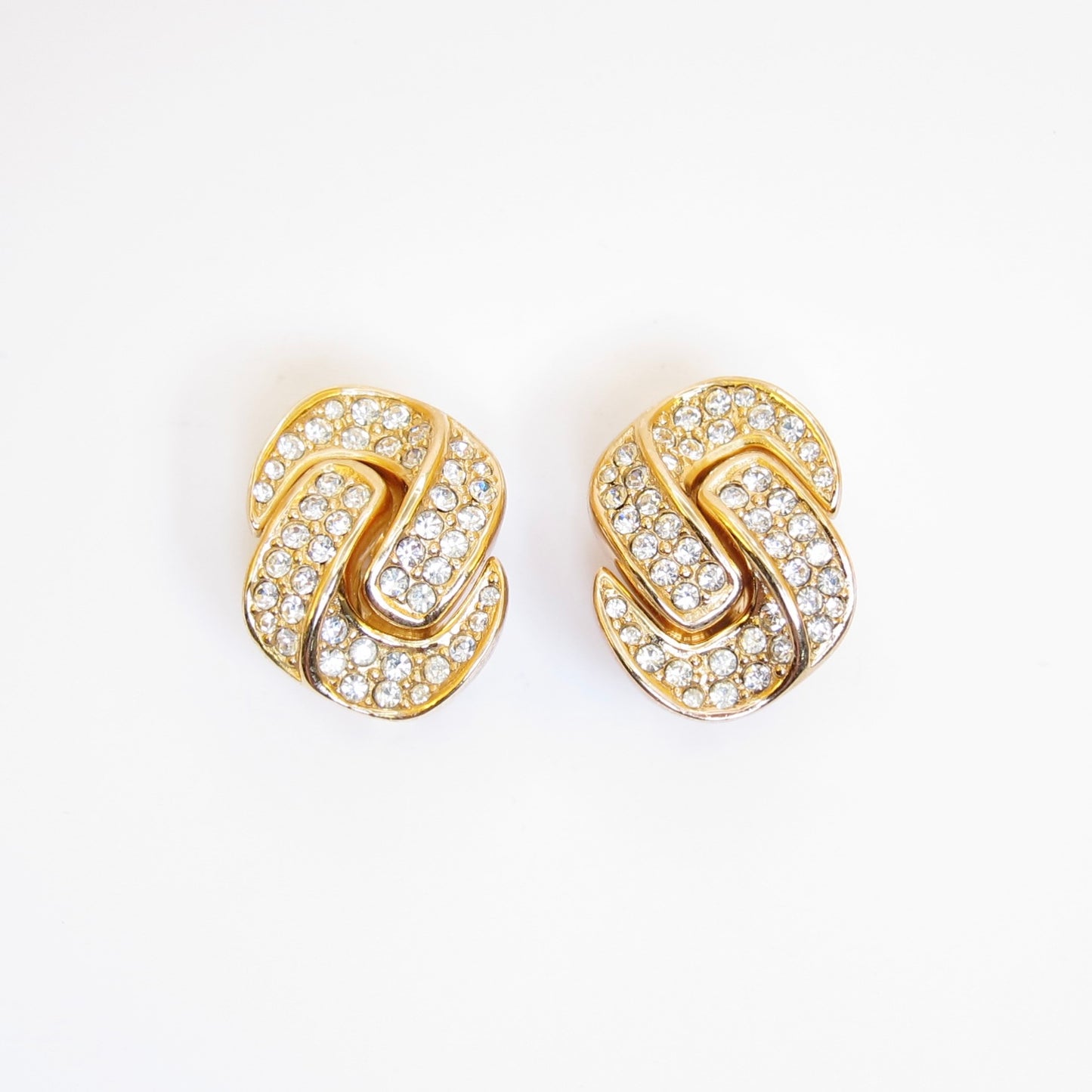 Christian Dior Vintage Interlocking Knot with Rhinestone Golden Clip-on Earrings