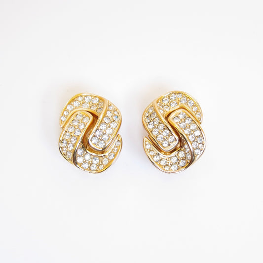 Christian Dior Vintage Interlocking Knot with Rhinestone Golden Clip-on Earrings