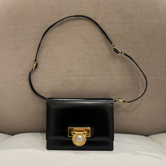 Versace Vintage Golden Buckle With Black Leather Shoulder Bag