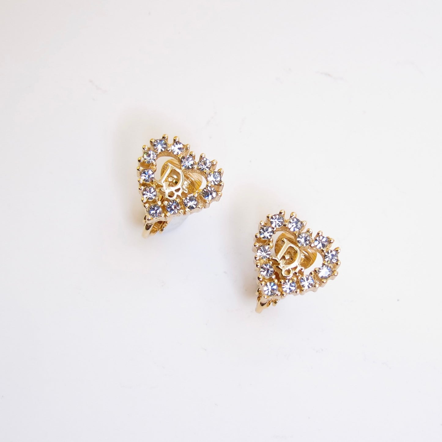 Christian Dior Vintage Dior Logo in Heart with Rhinestone Golden Clip-on Earrings