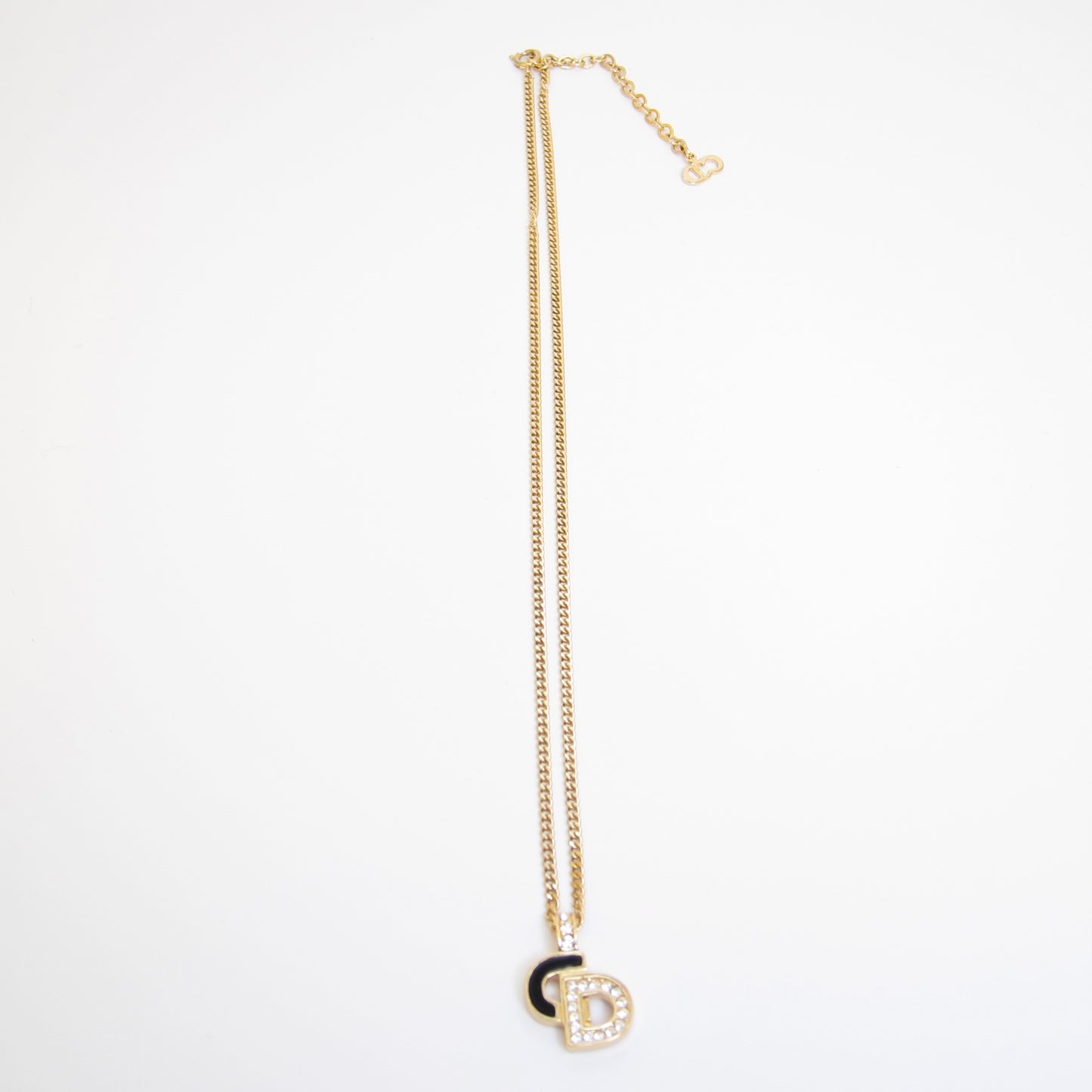 Christian Dior Vintage CD Logo Black and Rhinestone Golden Necklace