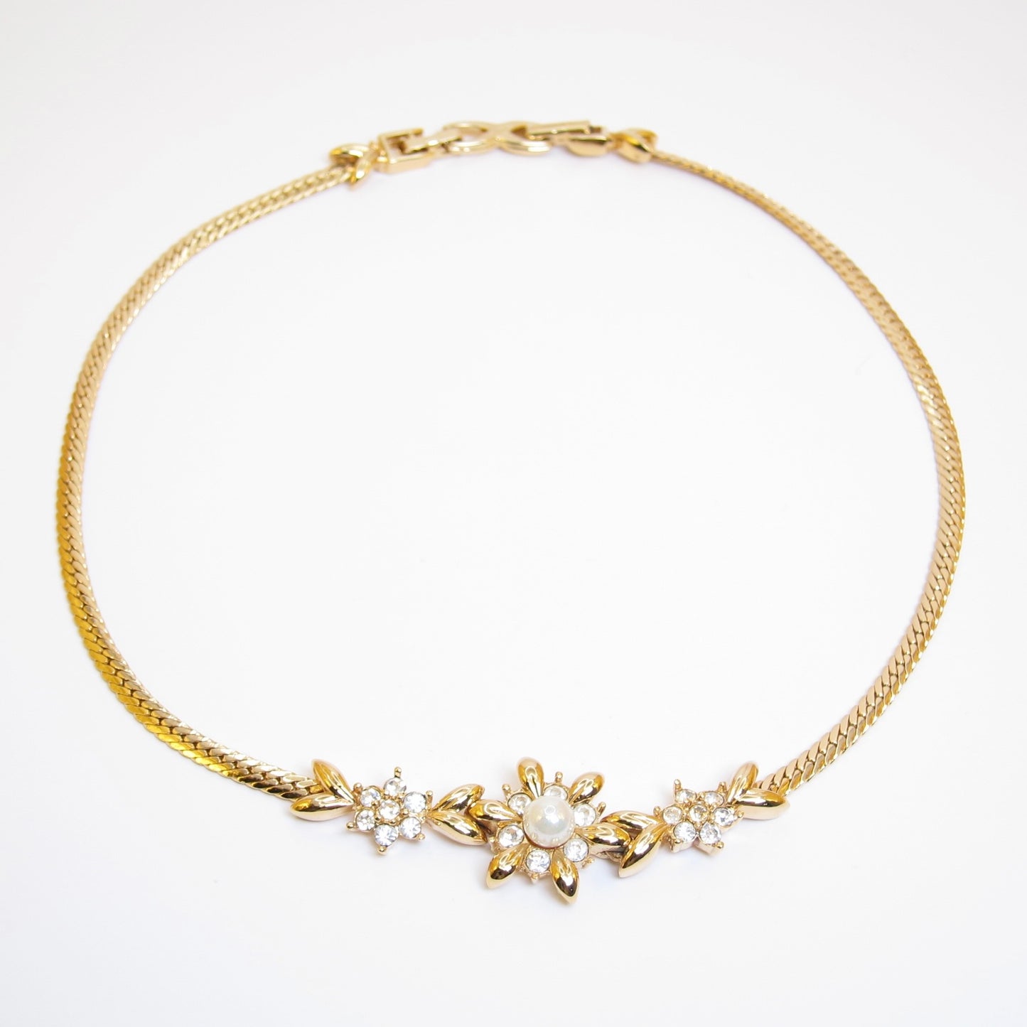 Nina Ricci Vintage Flower Motif with Pearl and Rhinestone Golden Necklace