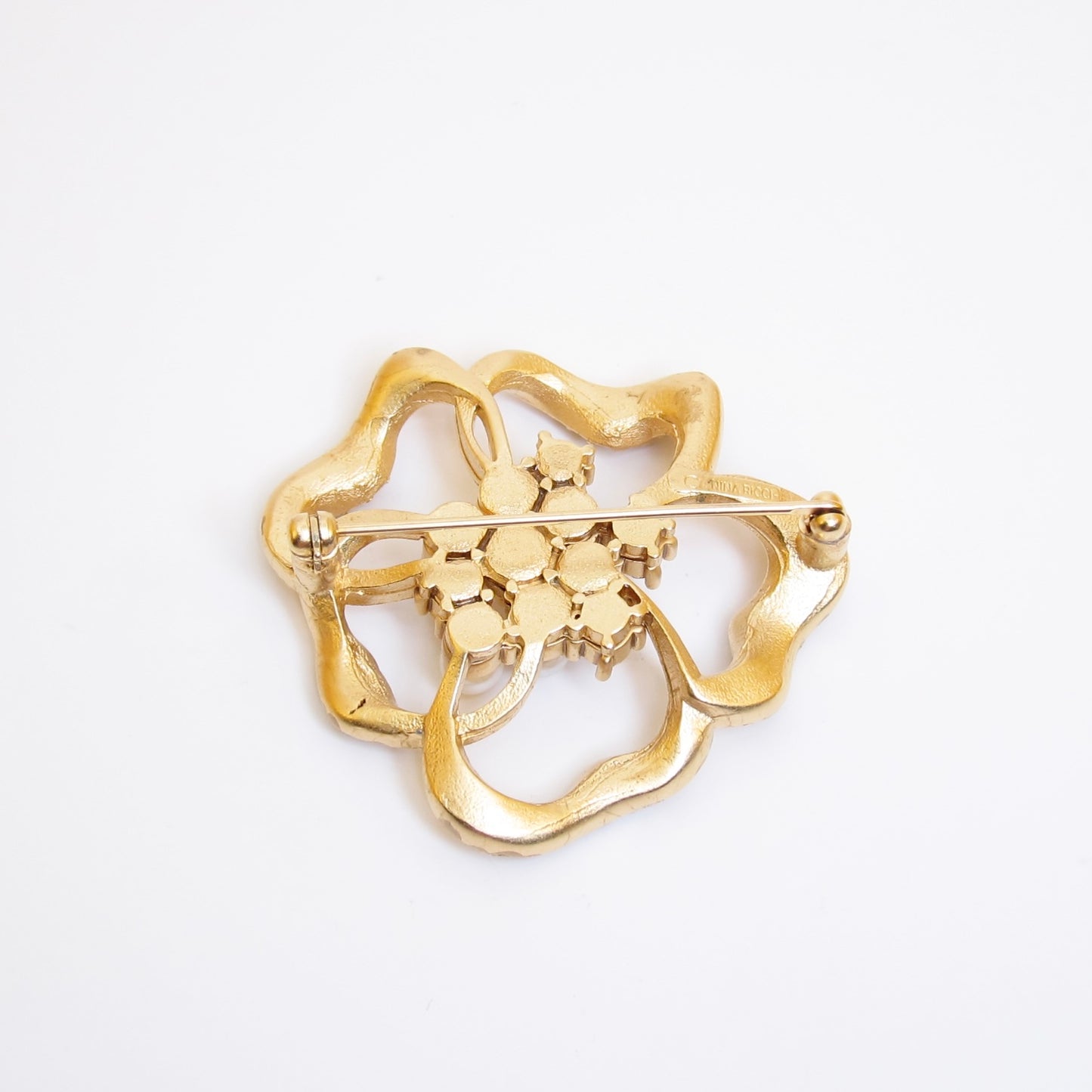 Nina Ricci Vintage Flower with Pearl and Rhinestone Golden Brooch