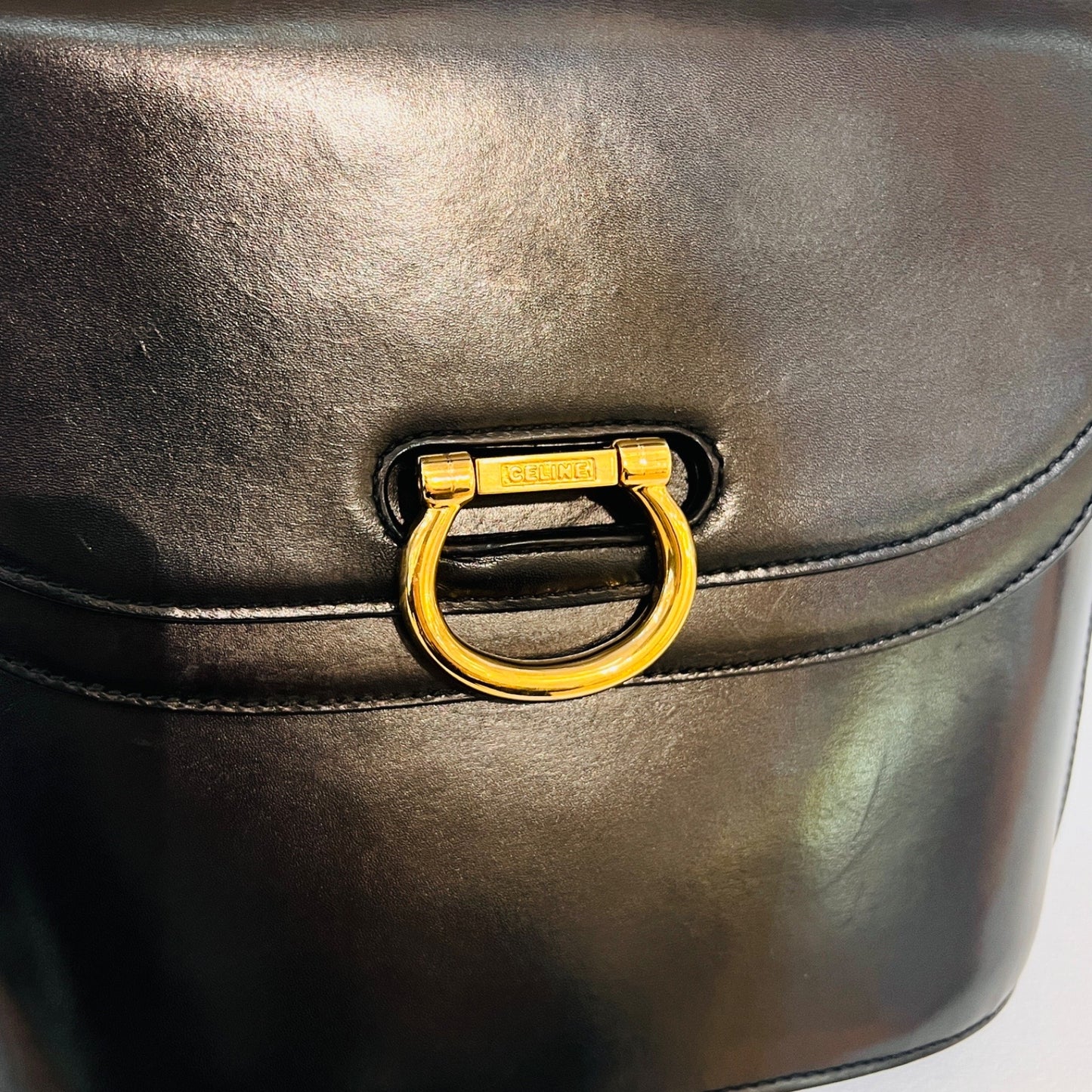 Celine Vintage Black Leather Gancini Closure Top Handle Bag
