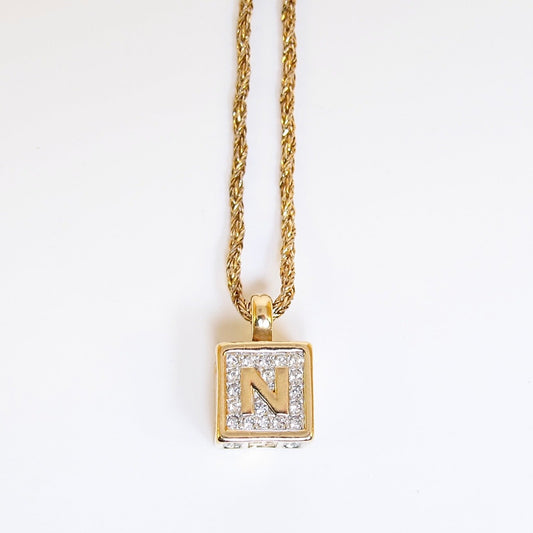 Nina Ricci Vintage NR Logo Cube with Rhinestone Golden Necklace
