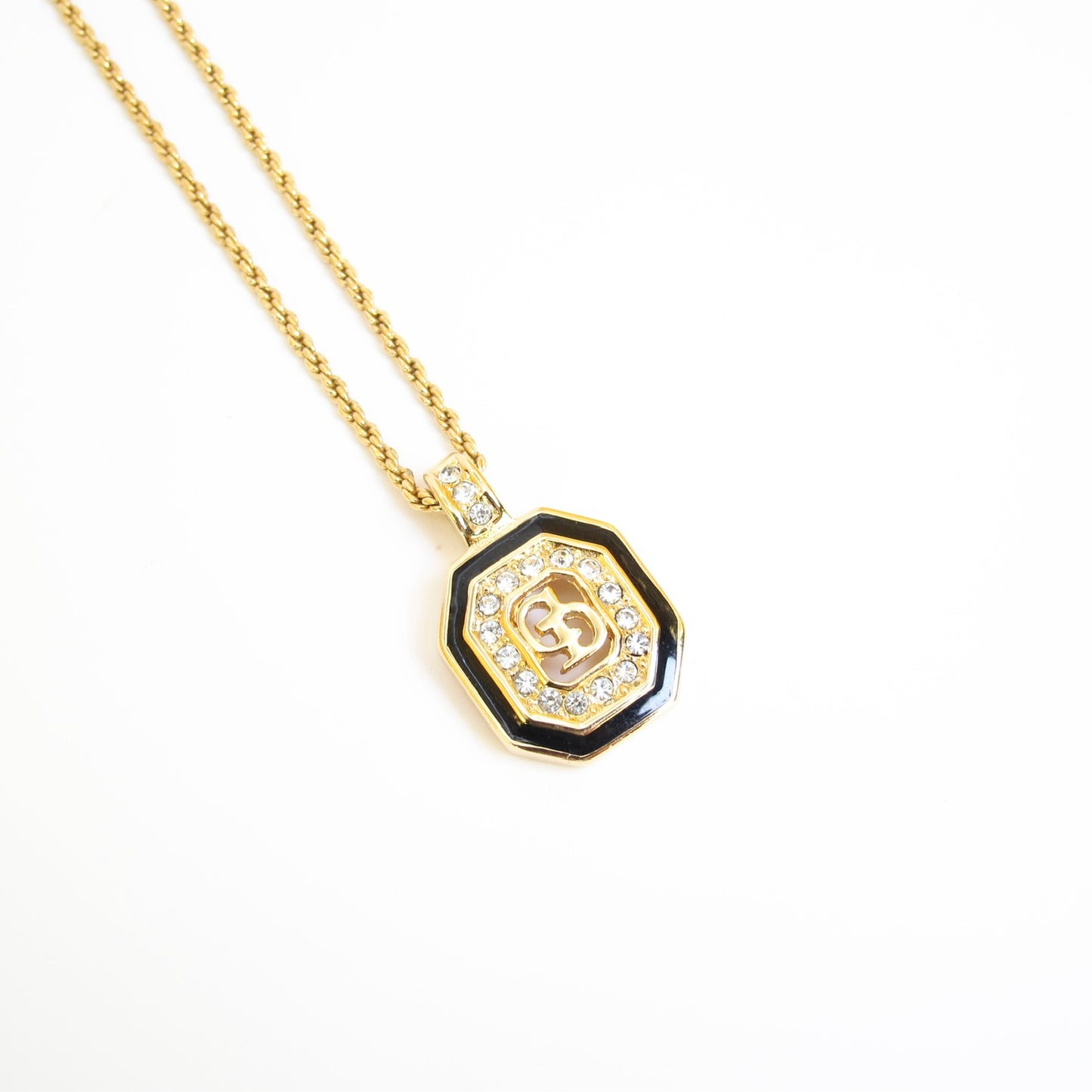 Christian Dior Vintage CD Logo in Octagon Black and Rhinestone Golden Necklace