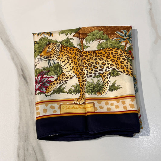 Ferragamo Vintage Leopard Equestrian Print Silk Scarf Multicolour 88 X 86 Cm