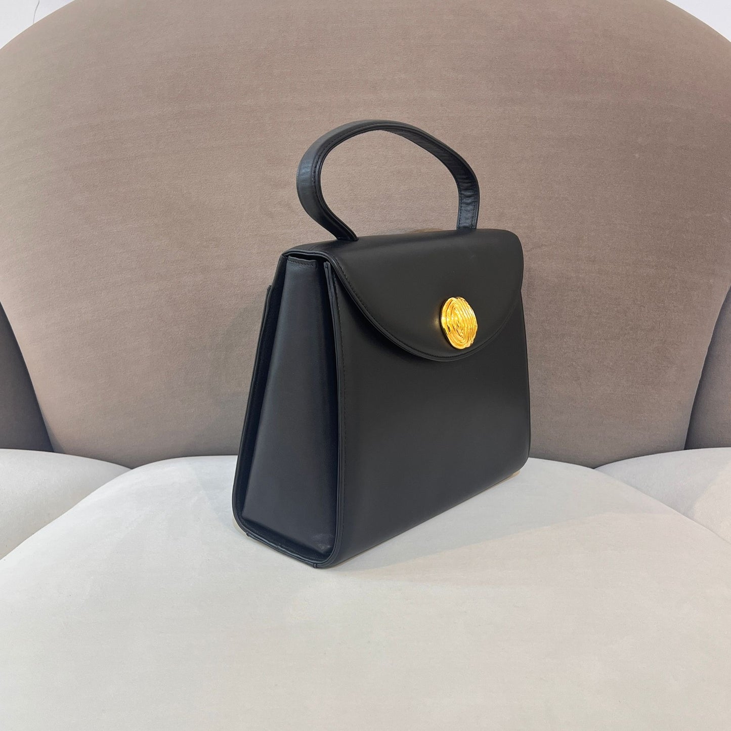 Givenchy Vintage Black Leather Gold Emblem Top Handle Bag