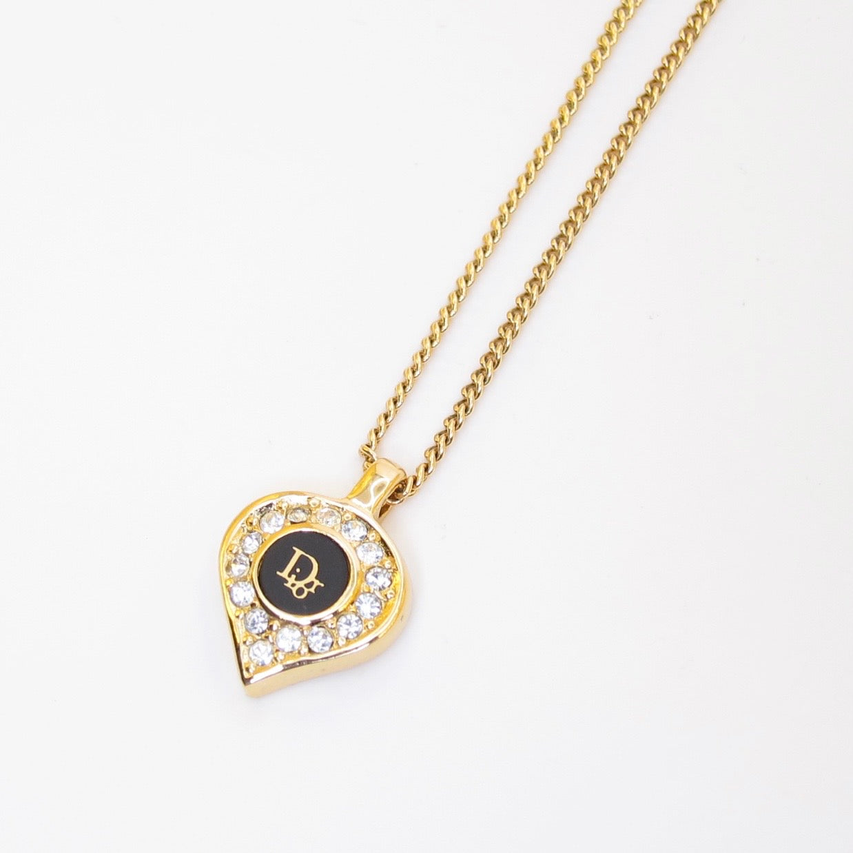 Christian Dior Vintage Dior Logo Black and Rhinestone Golden Necklace