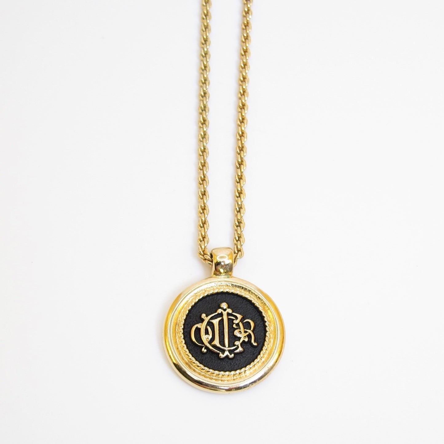 Christian Dior Vintage Dior Logo on Black and Golden Circle Pendant Necklace