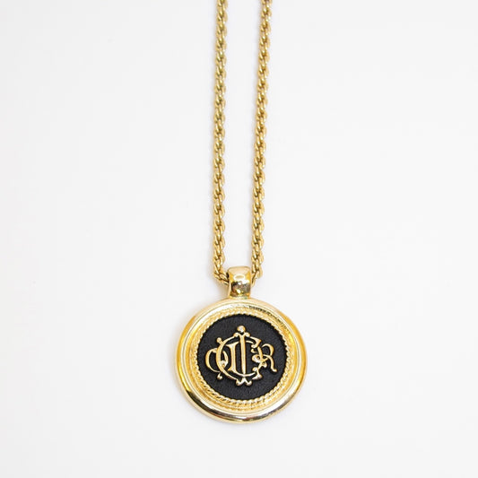 Christian Dior Vintage Dior Logo on Black and Golden Circle Pendant Necklace