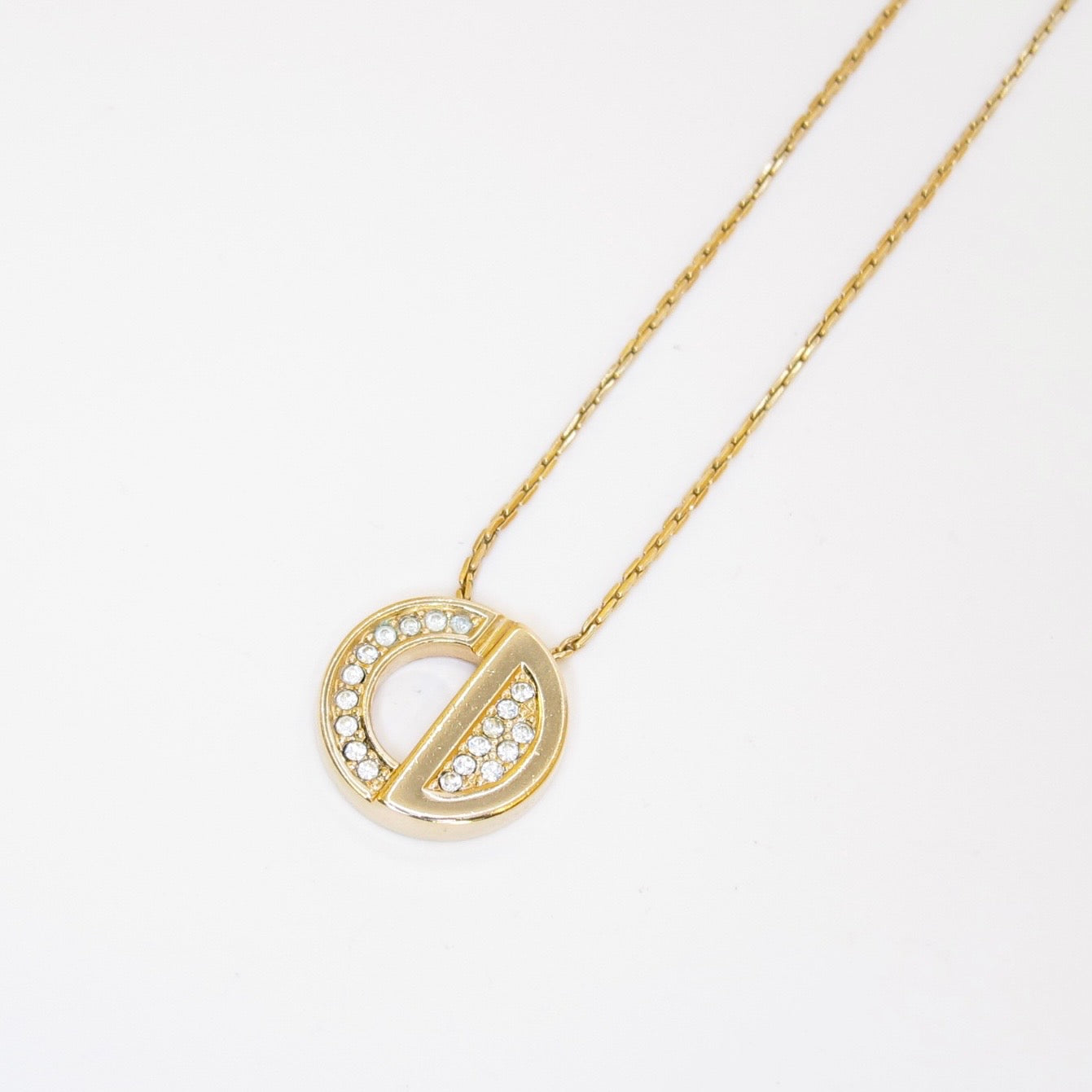 Christian Dior Vintage Round Shaped CD Logo with Rhinestone Golden Necklace