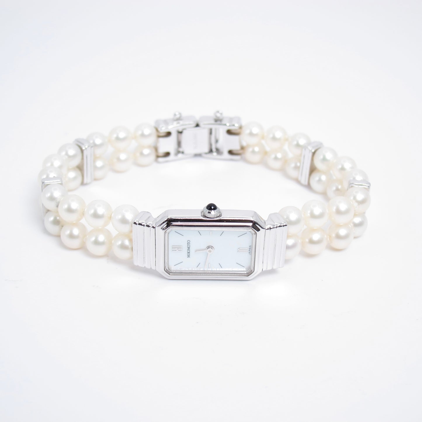 Mikimoto Vintage Rectangle Shell Pearl Face Silver Watch with Pearl Bracelet