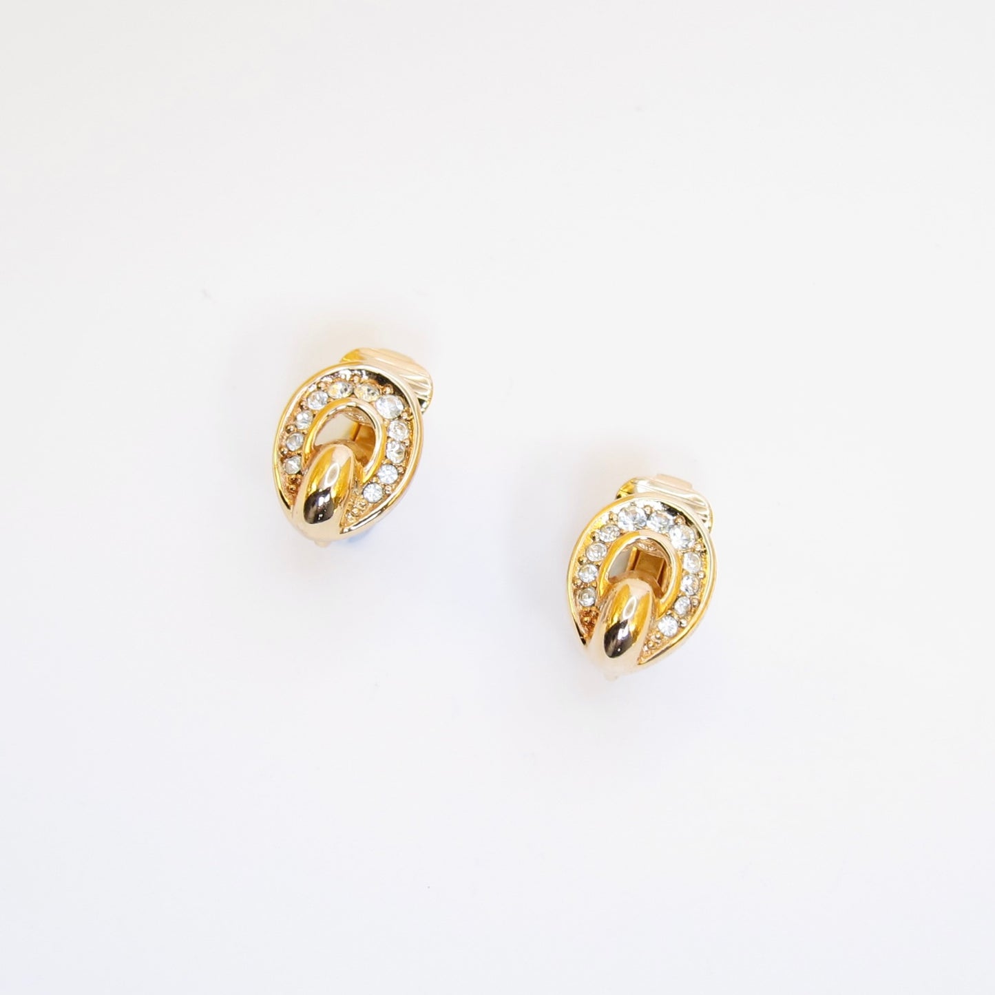 Christian Dior Vintage Oval Shape with Rhinestone Golden Clip-on Earrings