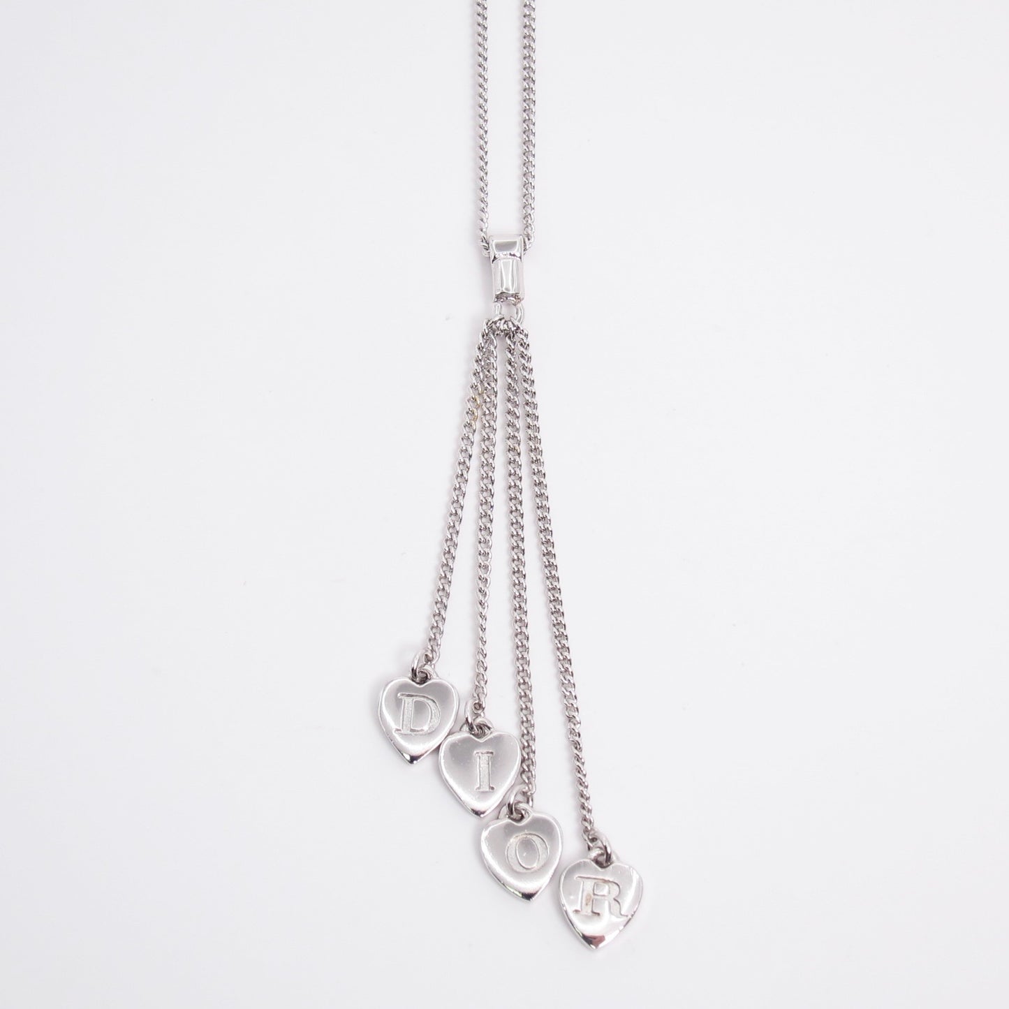 Christian Dior Vintage Heart Shaped Dior Letter Charm Tassel Silver Necklace