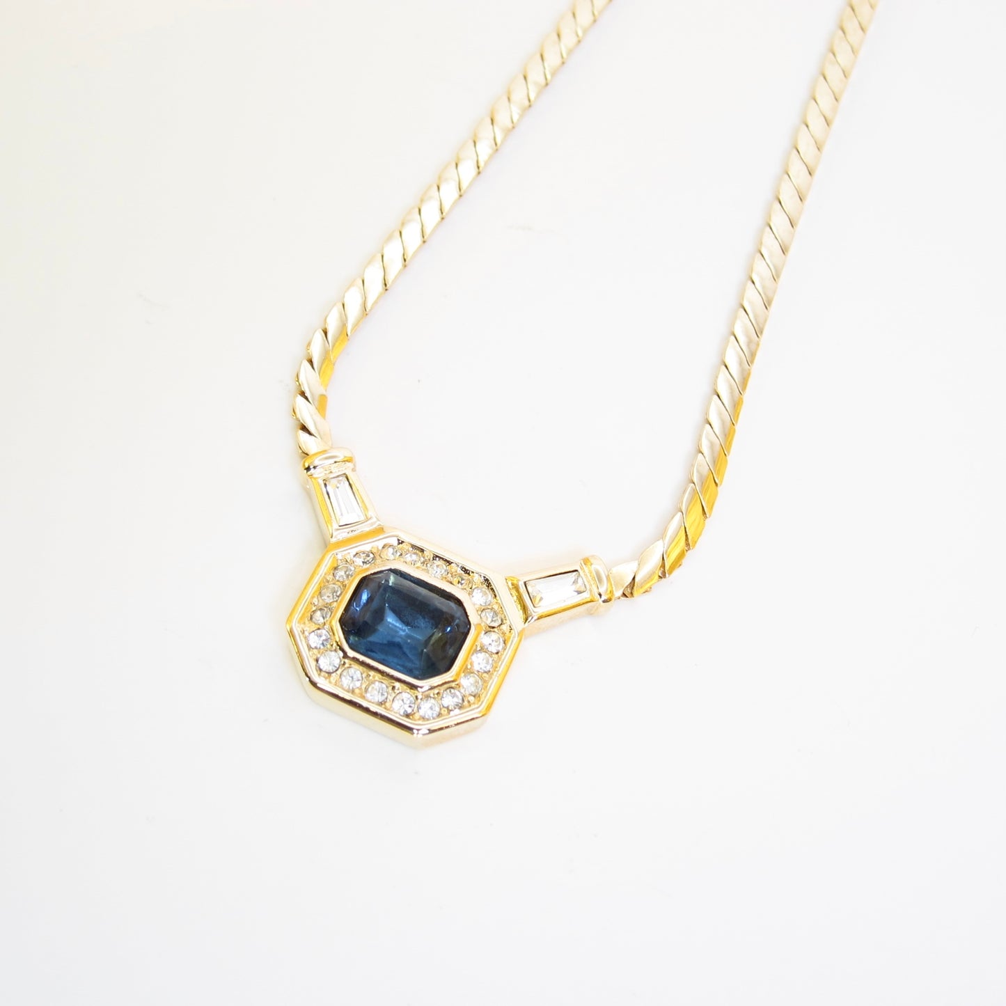 Christian Dior Vintage Octagon Blue Stone and Rhinestone Golden Necklace