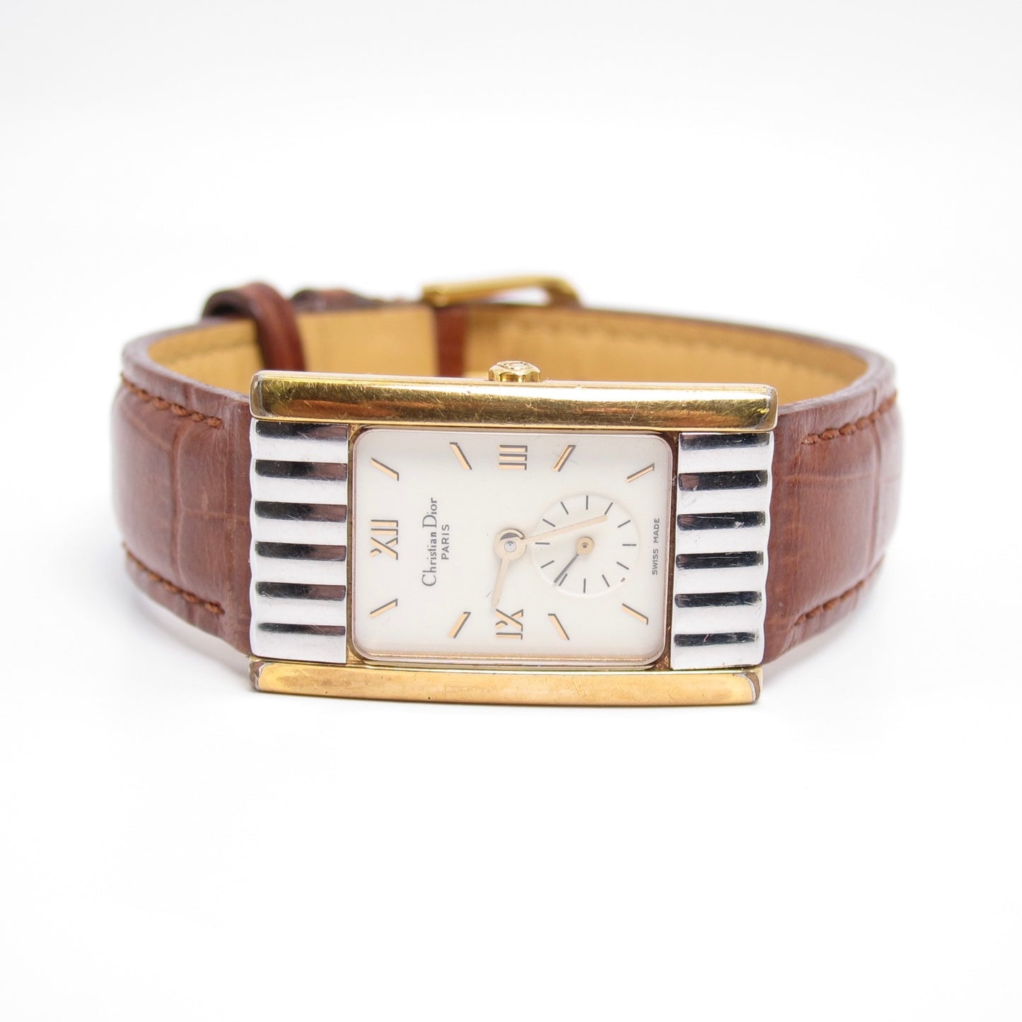 Christian Dior Vintage Tank Rectangle White Face with Leather Strap Two Tone Watch