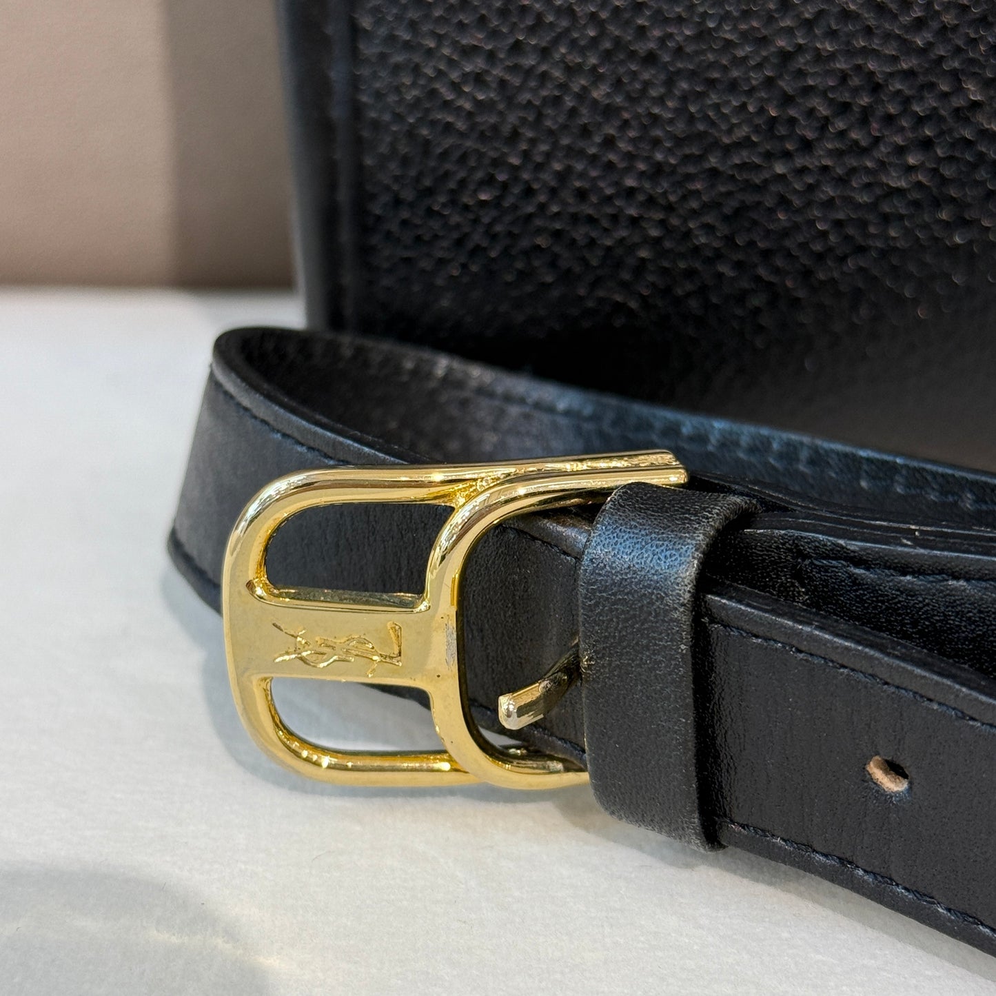 Yves Saint Laurent Golden Buckle Vintage Black Leather Shoulder Bag