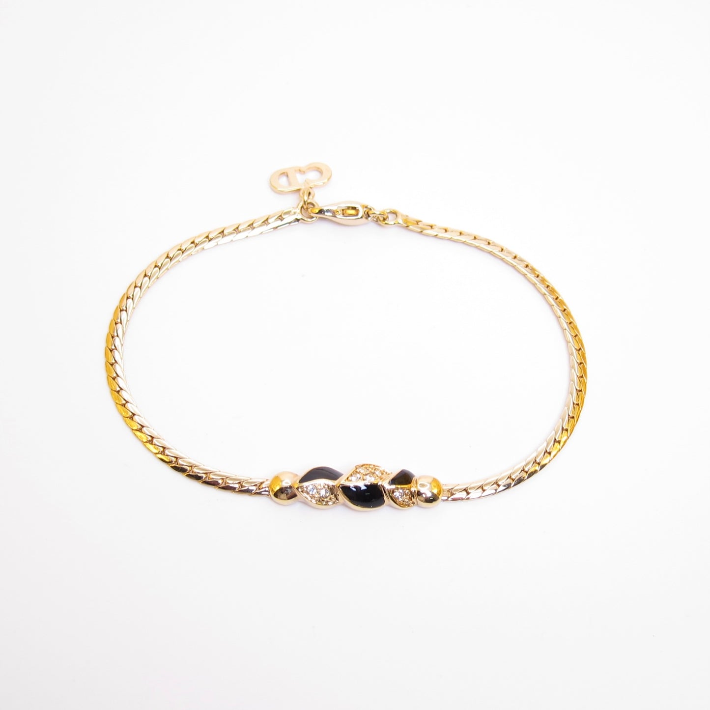 Christian Dior Vintage Stylish Black and Rhinestone Golden Bracelet