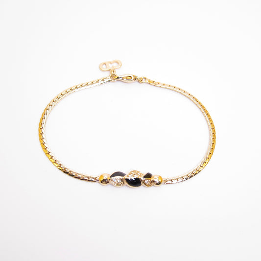 Christian Dior Vintage Stylish Black and Rhinestone Golden Bracelet