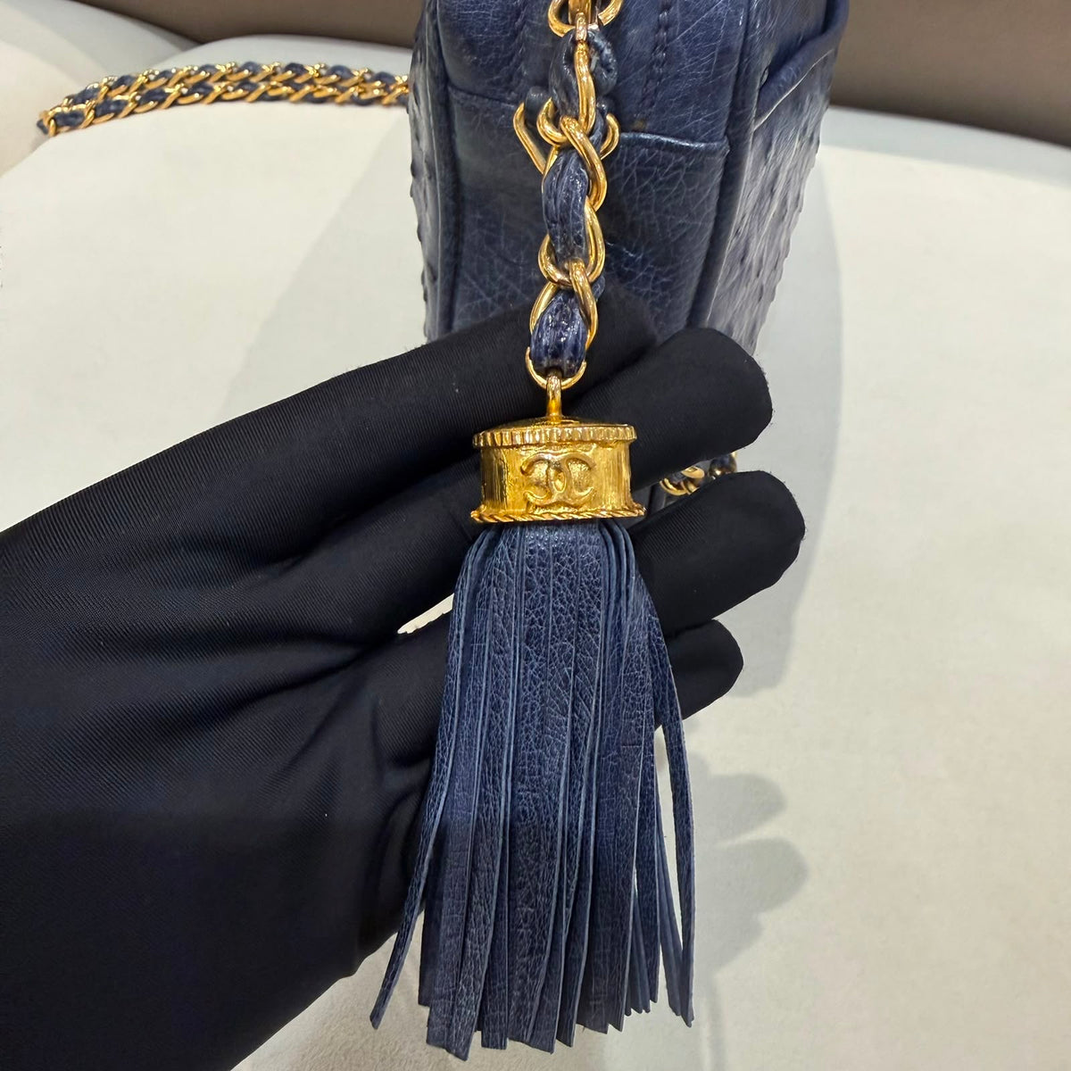 Chanel Vintage Navy Ostrich Fringe Chain Shoulder Bag