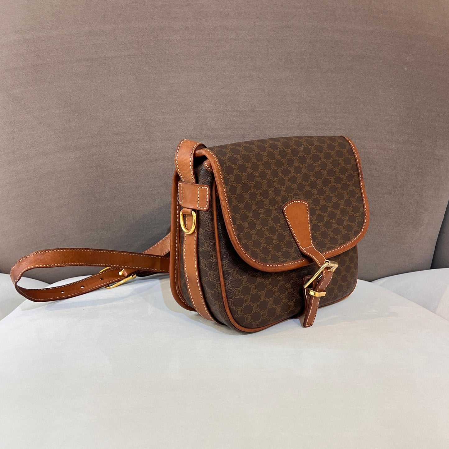 Celine Vintage Macadam Canvas Brown Leather Shoulder Bag