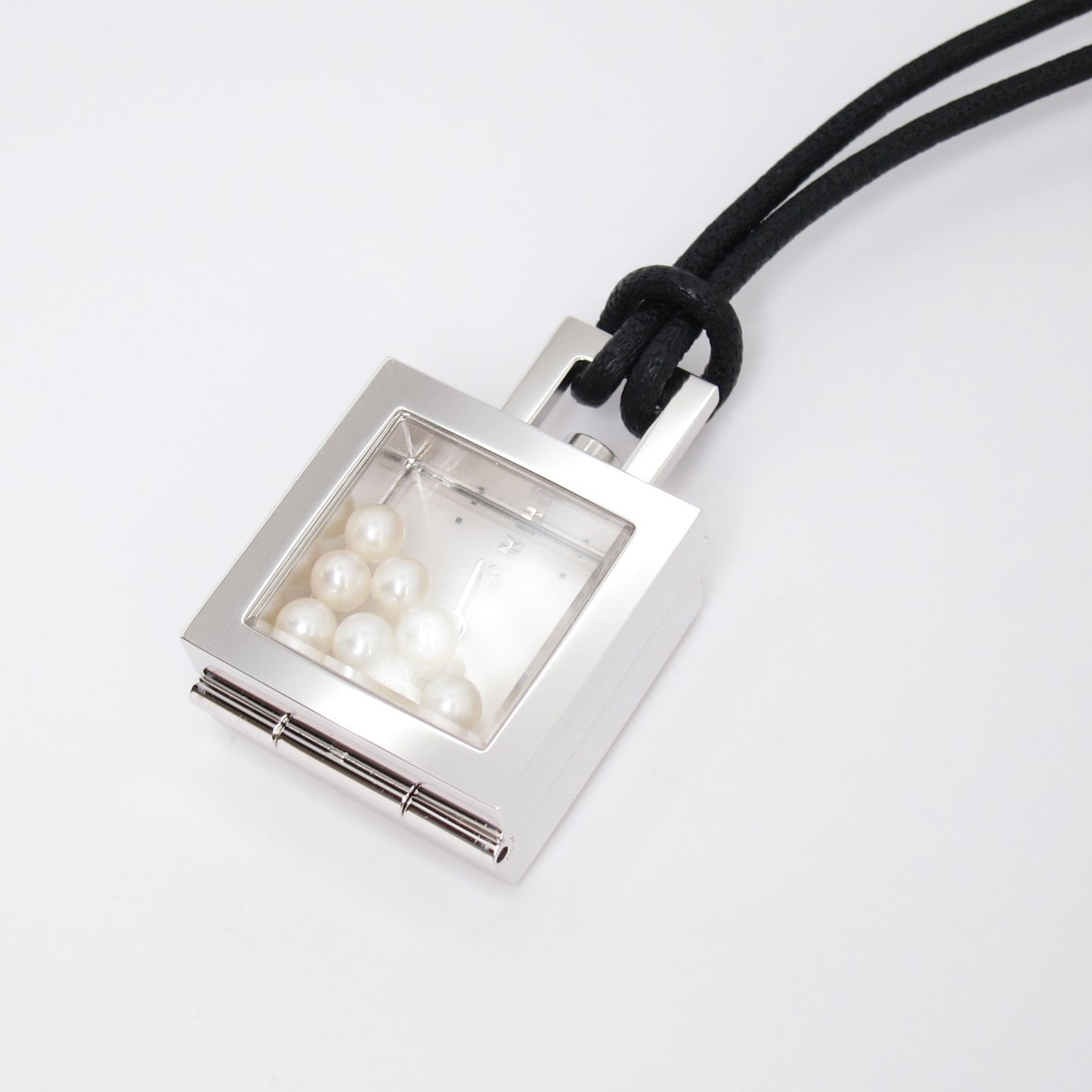 Mikimoto Vintage Square White Face Silver Pendant Watch with Pearl Box and Black Leather Cord