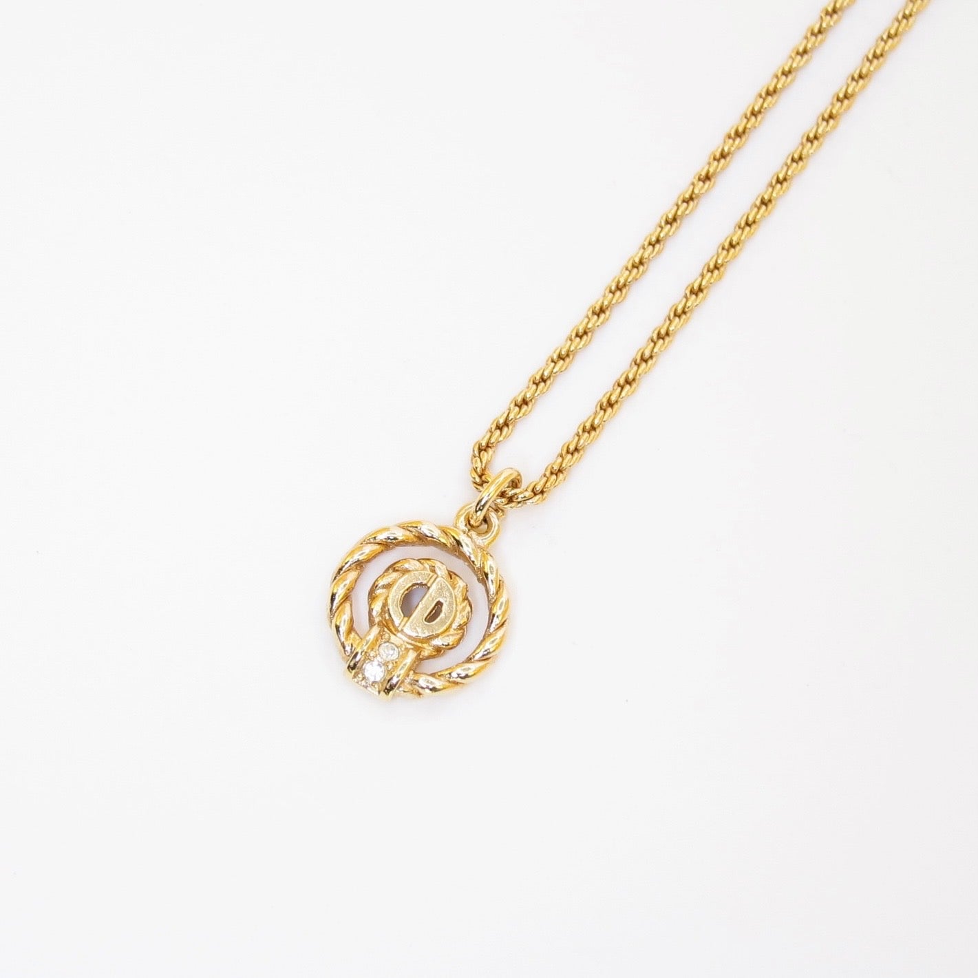 Christian Dior Vintage CD Logo in Twist Circle and Rhinestone Golden Necklace