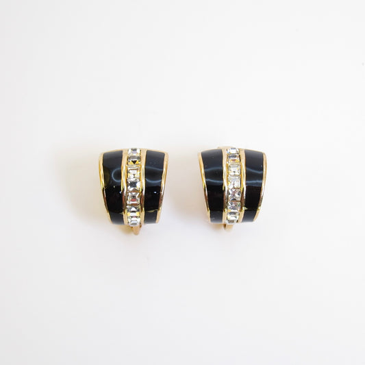 Christian Dior Vintage Black and Rhinestone Golden Clip-on Earrings