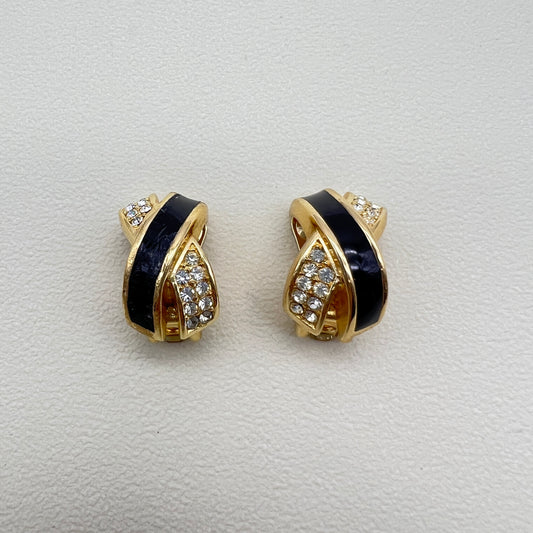 Christian Dior Vintage Black and Rhinestone Cross Golden Clip-on Earrings