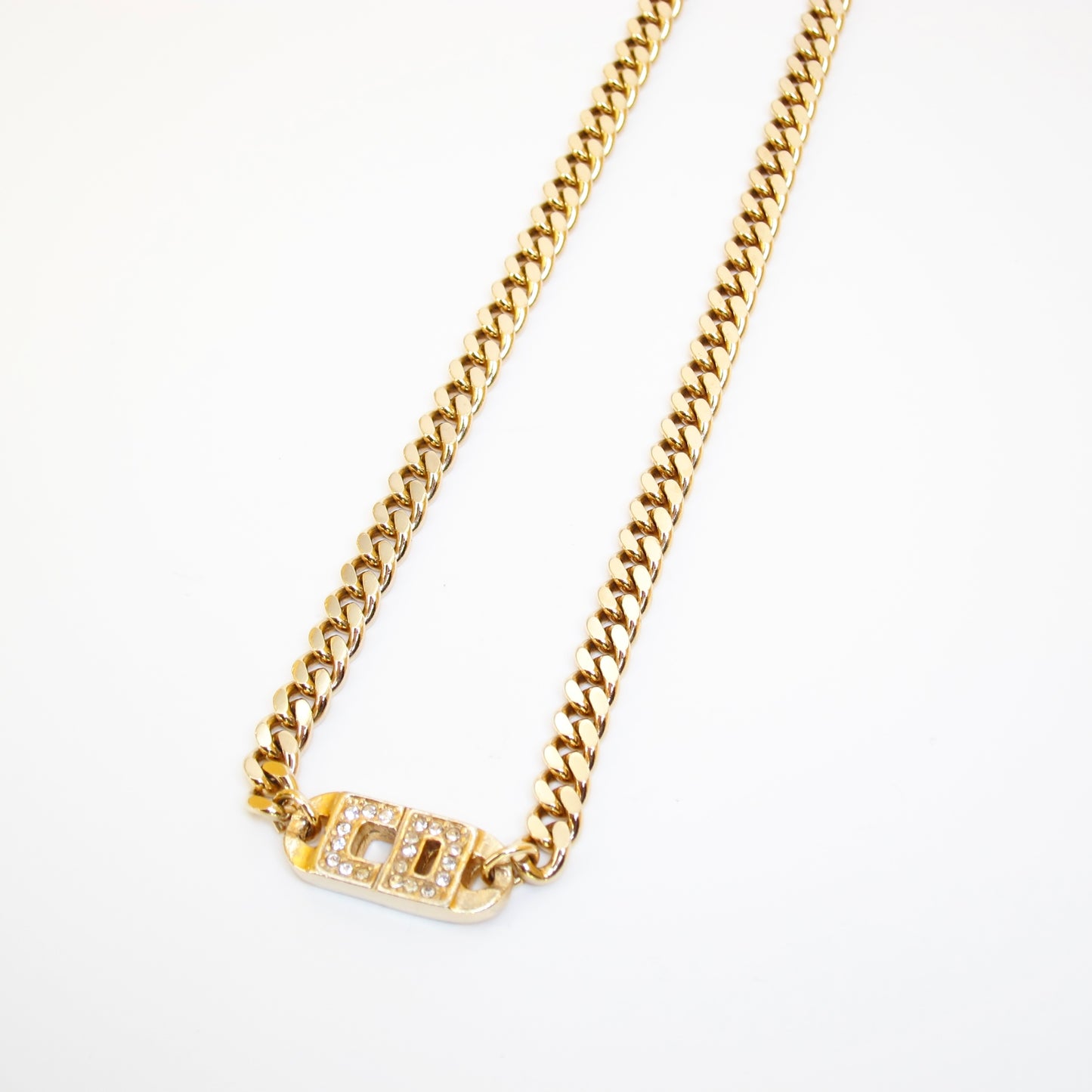 Christian Dior Vintage CD Logo with Rhinestone Golden Chain Necklace