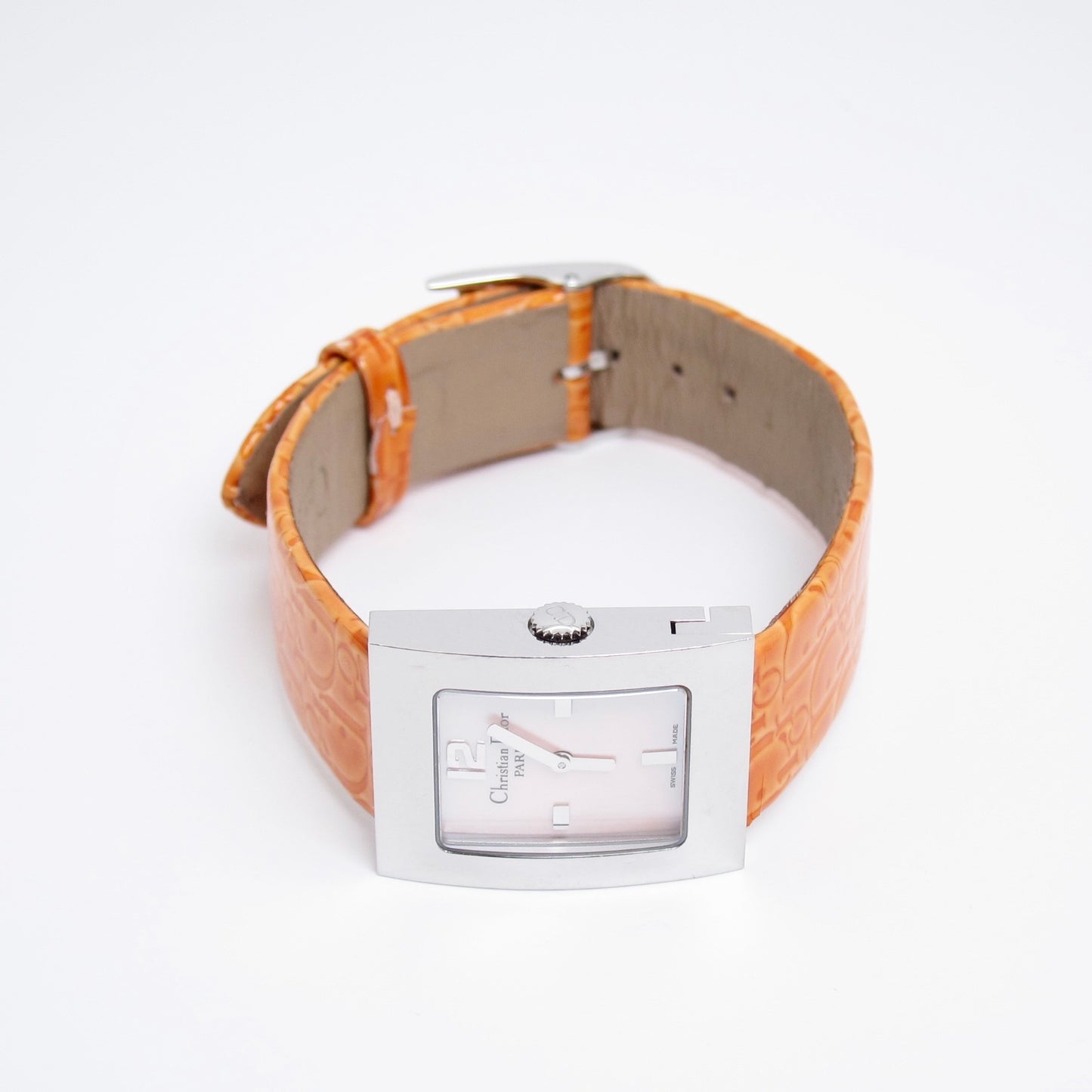 Christian Dior Vintage Malice Pink Shell Pearl Face with Orange Trotter Leather Strap Watch