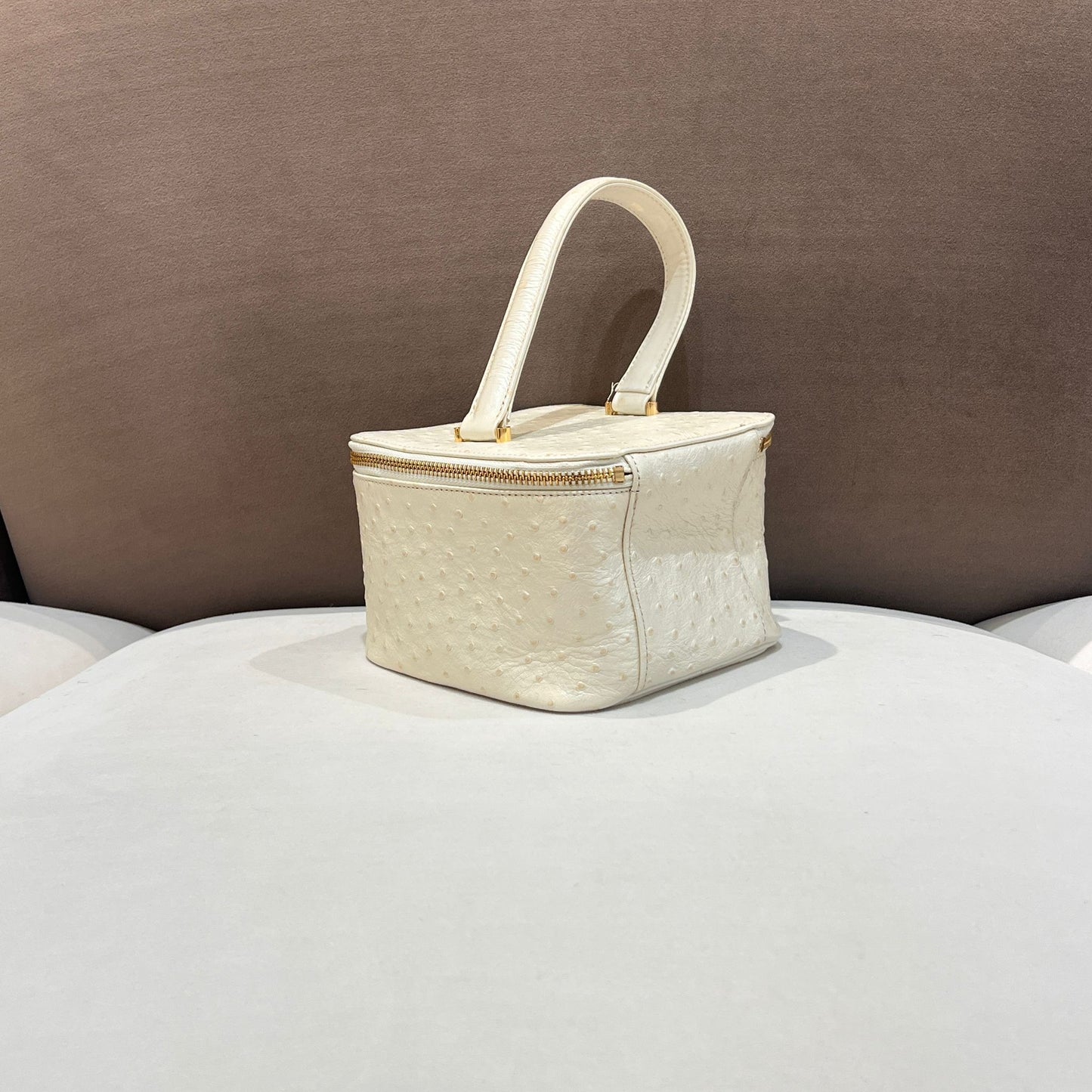 Versace Vintage Ivory Ostrich Leather Medusa Vanity Top Handle Bag