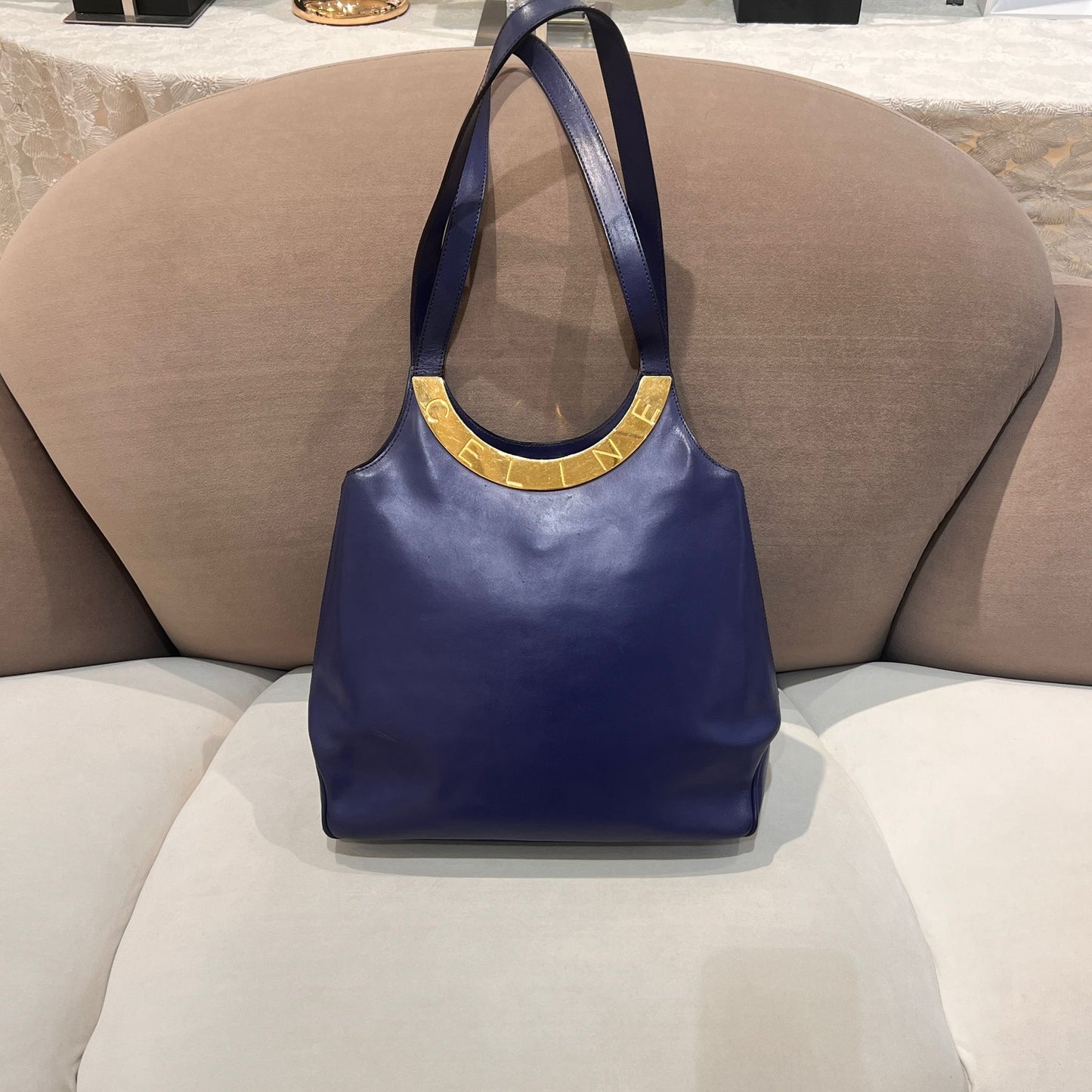 Celine Vintage Blue Leather Circle Logo Tote Bag