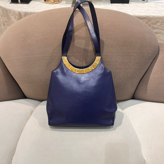 Celine Vintage Blue Leather Circle Logo Tote Bag