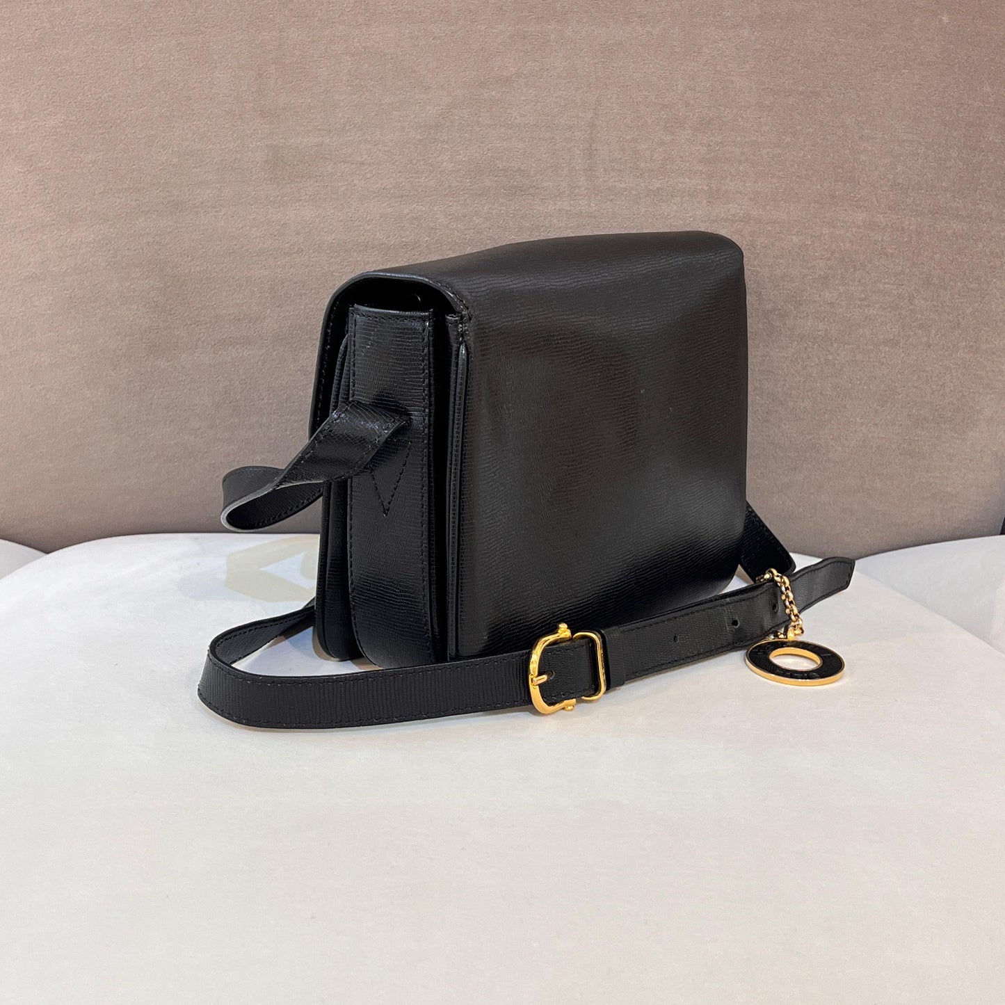 Celine Vintage Black Leather Turn Lock Shoulder Bag