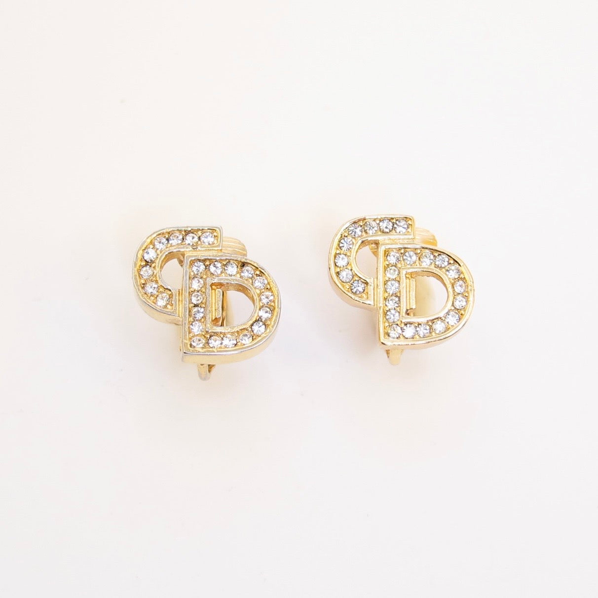 Christian Dior Vintage CD Logo with Rhinestone Golden Clip-on Earrings