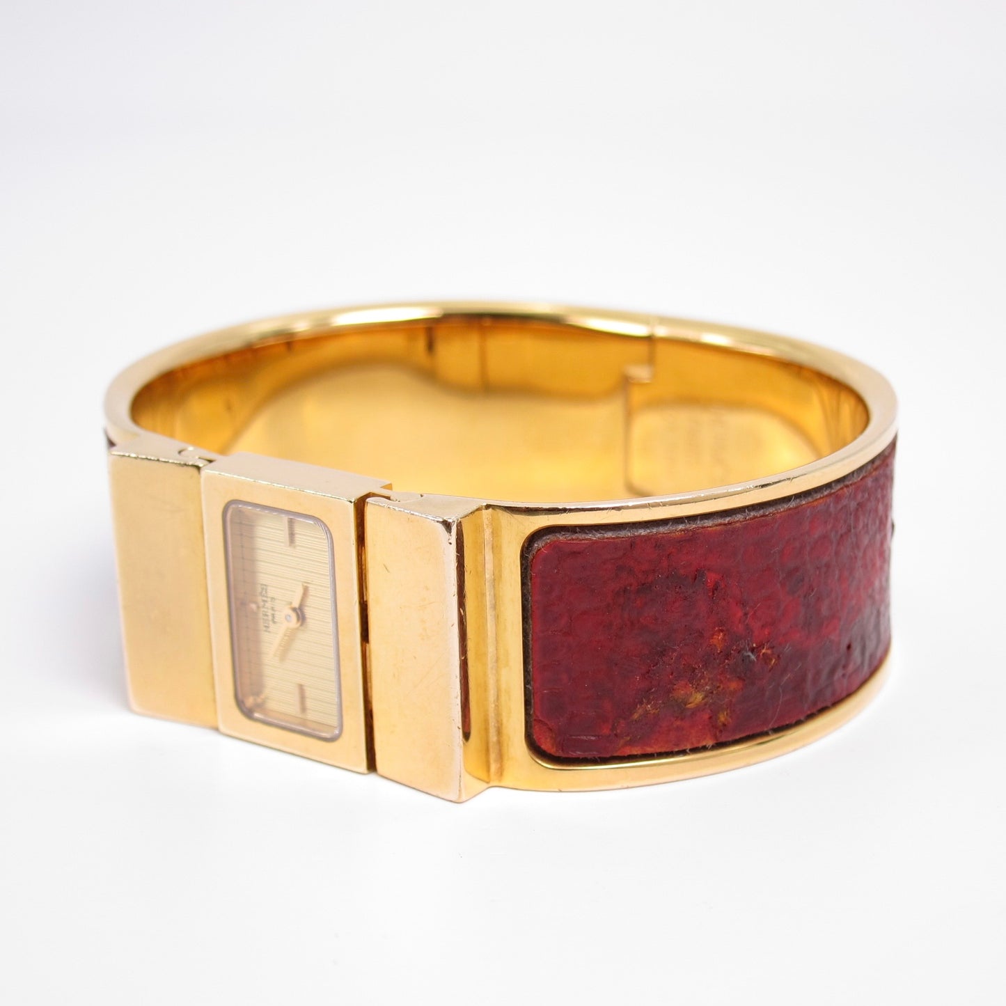 Hermes Vintage Loquet Red Crocodile Leather Golden Bangle Watch