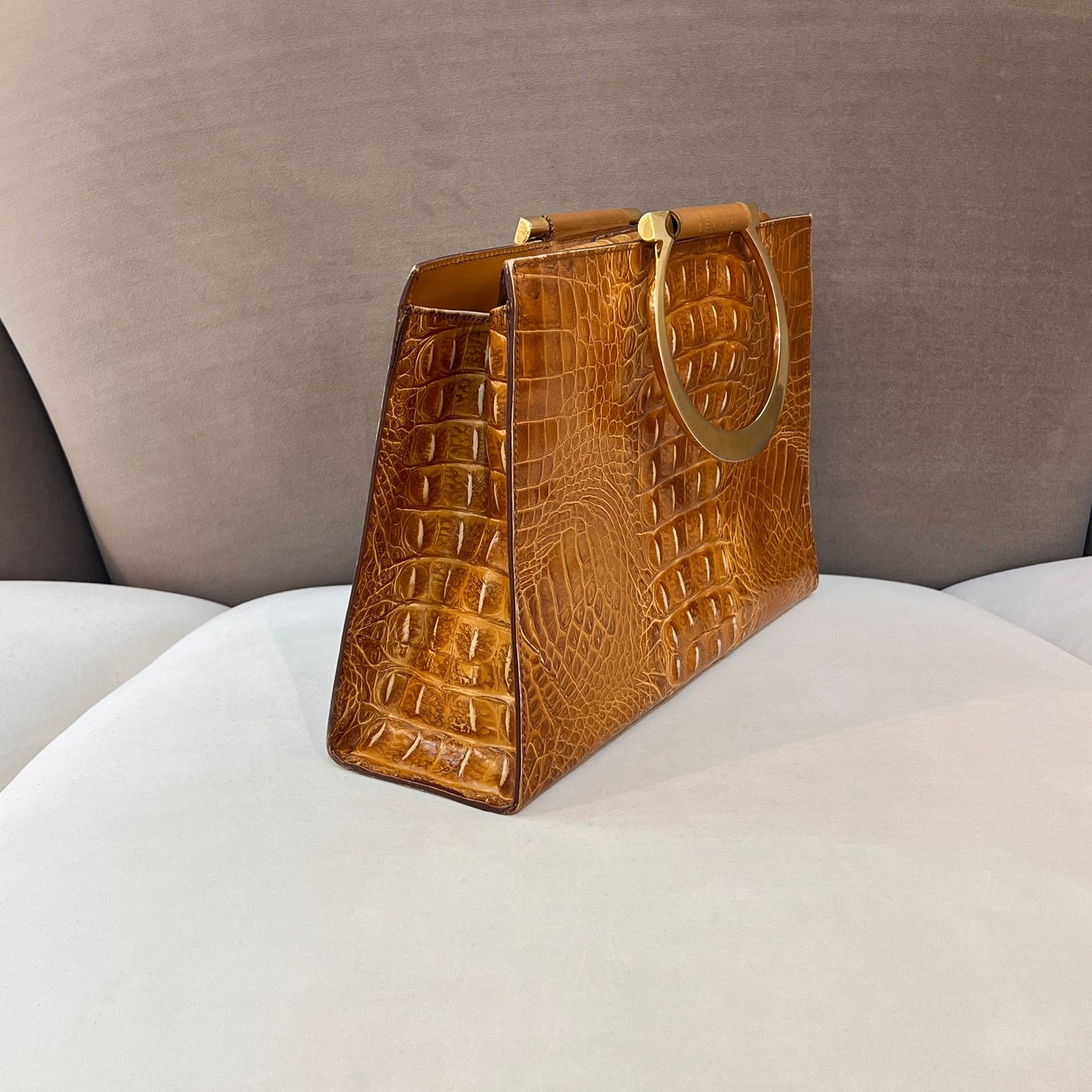 Celine Vintage Crocodile Embossed Circle Handle Bag
