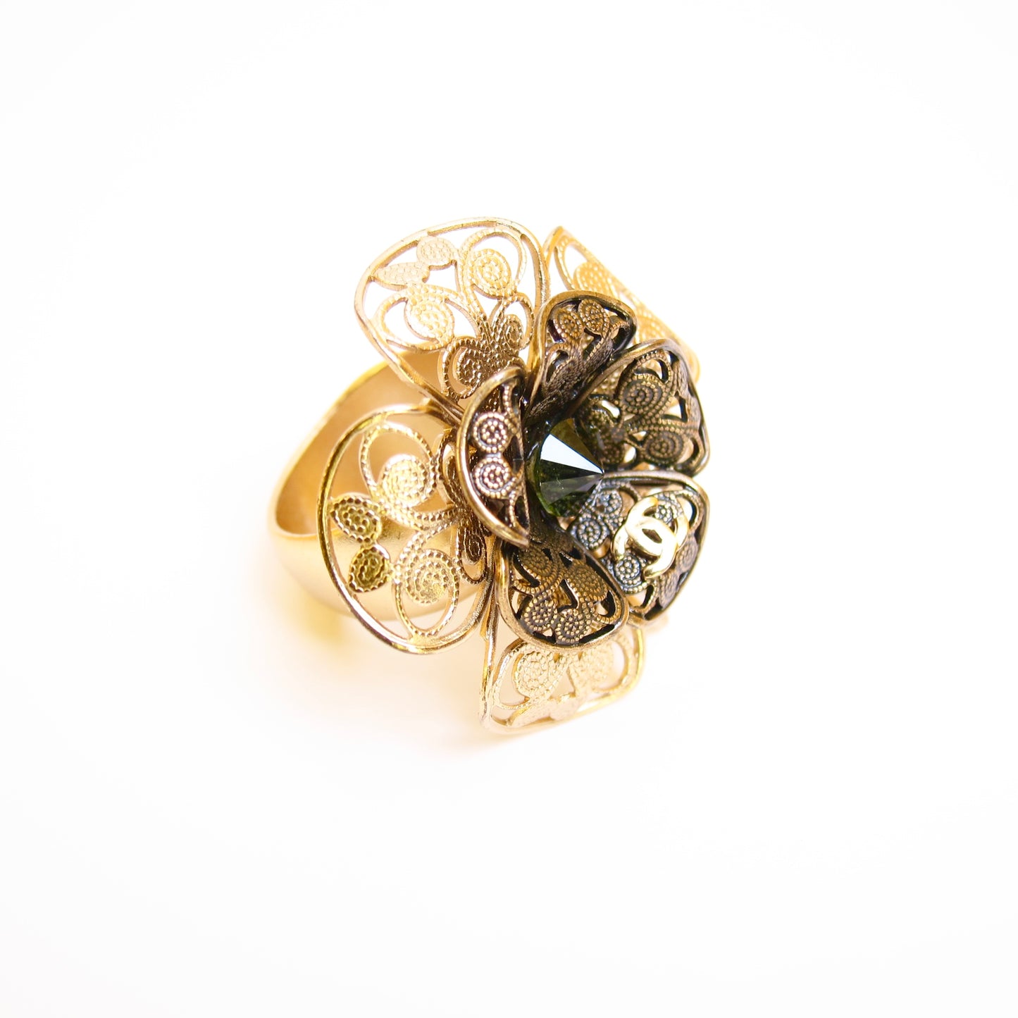 Chanel Vintage CC Logo Flower Motif Golden Ring #12.5