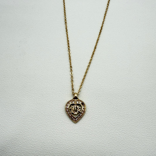 Christian Dior Vintage Dior Logo in Heart Shape with Rhinestone Golden Necklace
