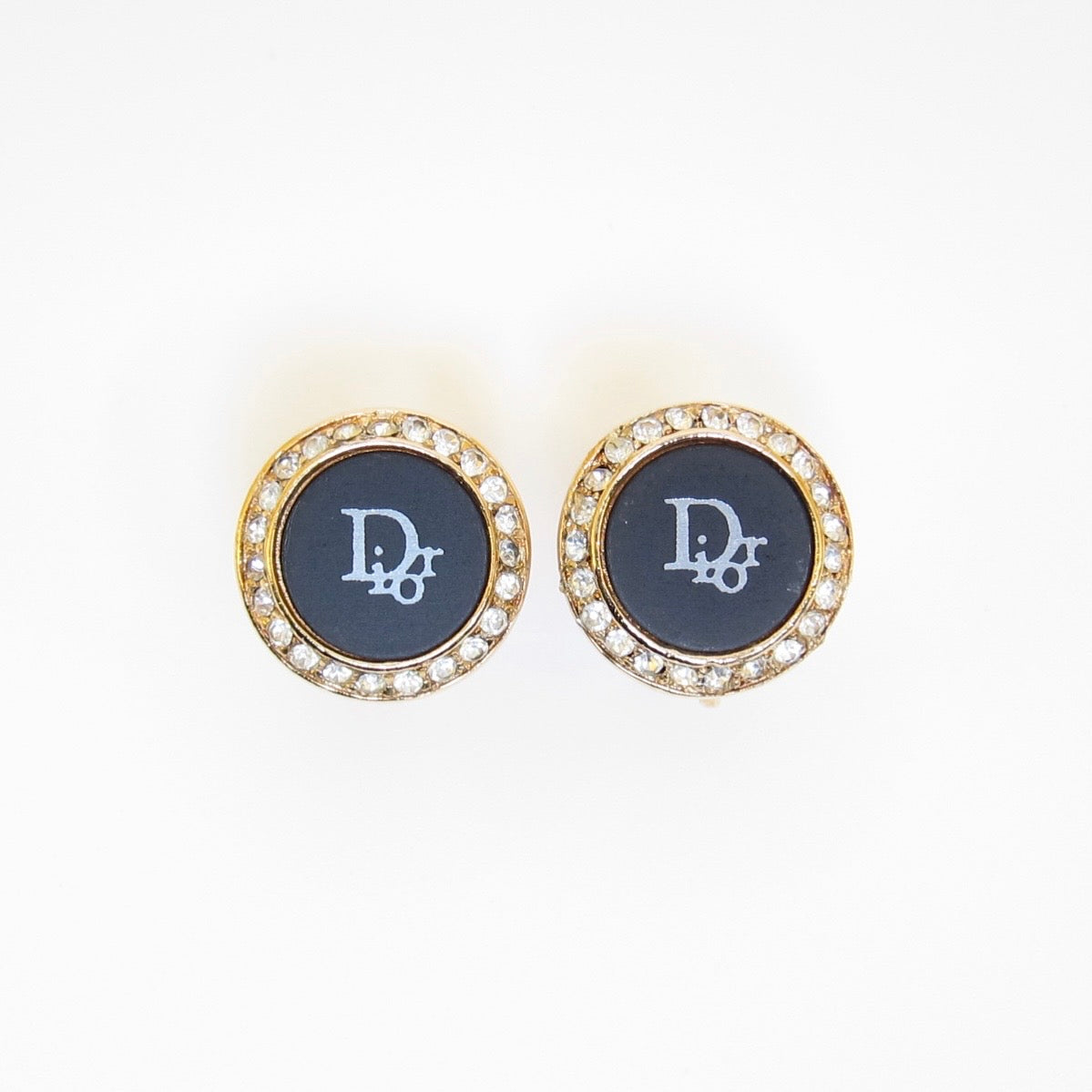Christian Dior Vintage Black Enamel Crystal Logo Clip-On Earrings