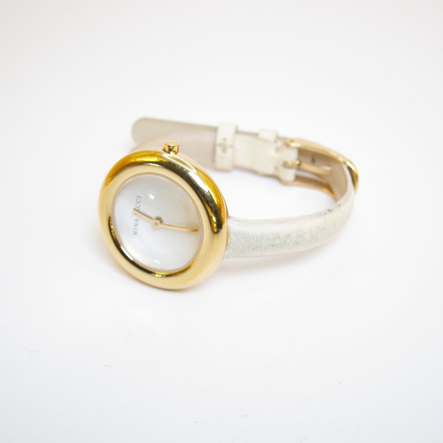 Nina Ricci Vintage Round White Face Golden Watch with Ivory Leather Strap