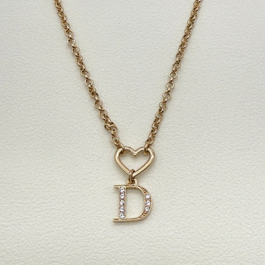 Christian Dior Vintage D Logo with Rhinestone and Heart Golden Necklace