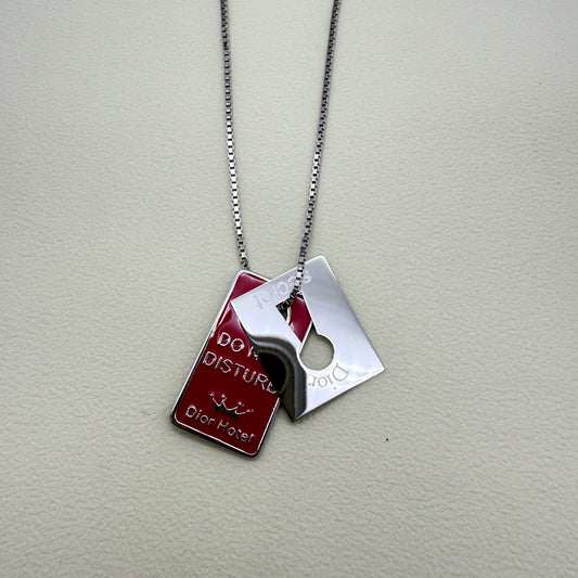 Christian Dior Vintage Do Not Disturb Sign Pendant Silver Necklace