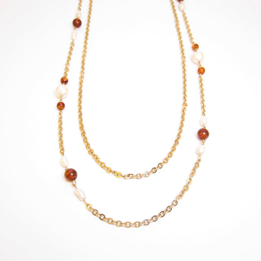 Givenchy Vintage Pearl and Amber Bead Golden Long Necklace