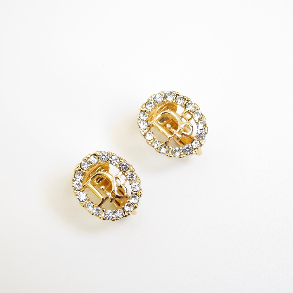 Christian Dior Vintage Rhinestone D Monogram Gold-Tone Clip-On Earrings