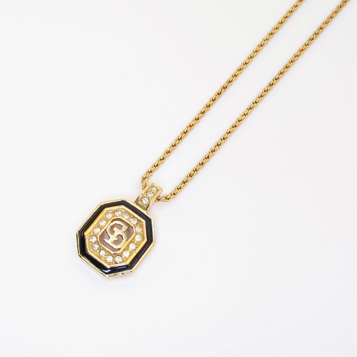 Christian Dior Vintage CD Logo in Octagon Black and Rhinestone Golden Necklace