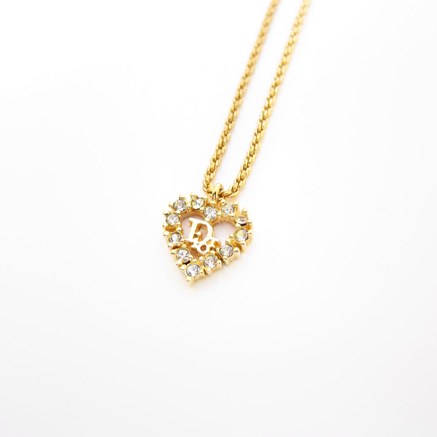 Christian Dior Vintage Dior Logo in Heart Shape with Rhinestone Golden Necklace