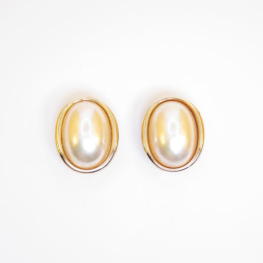 Christian Dior Vintage Oval Shaped Pearl Golden Clip-on Earrings